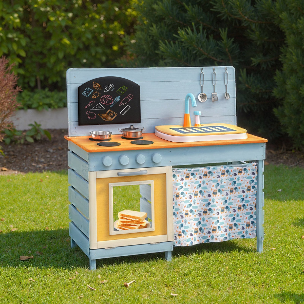 Wooden Toy Kitchen Playset with Removable Circulation Faucet and Cooking Accessories-Blue
