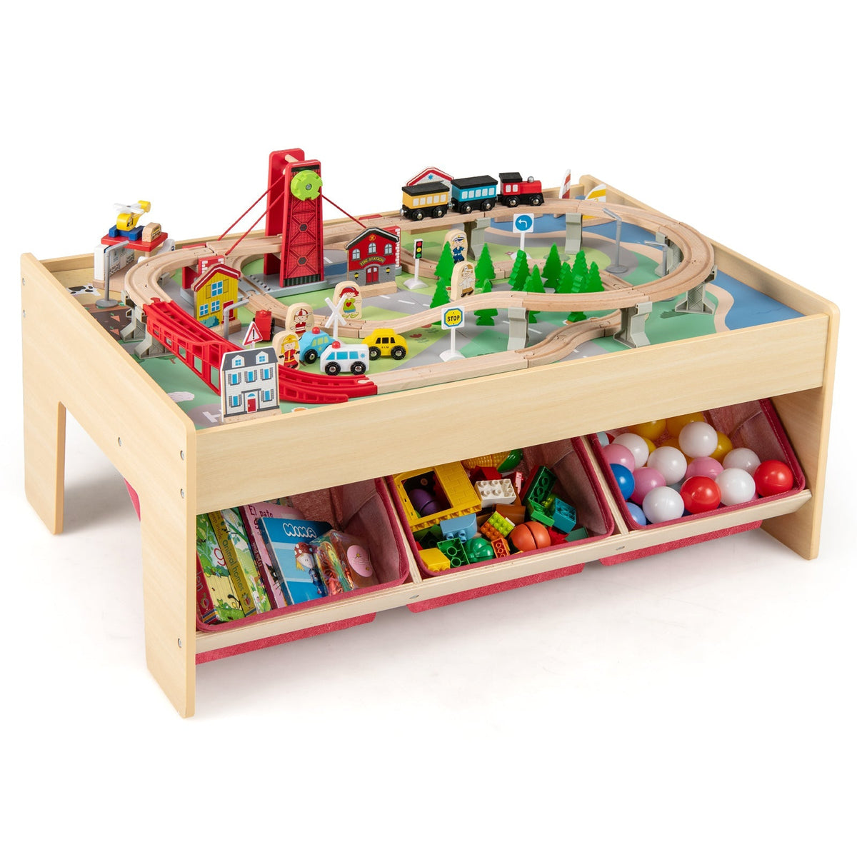 Wooden Train Set Table Kids Multipurpose Activity Play Table with 2 Reversible Tabletops-Red