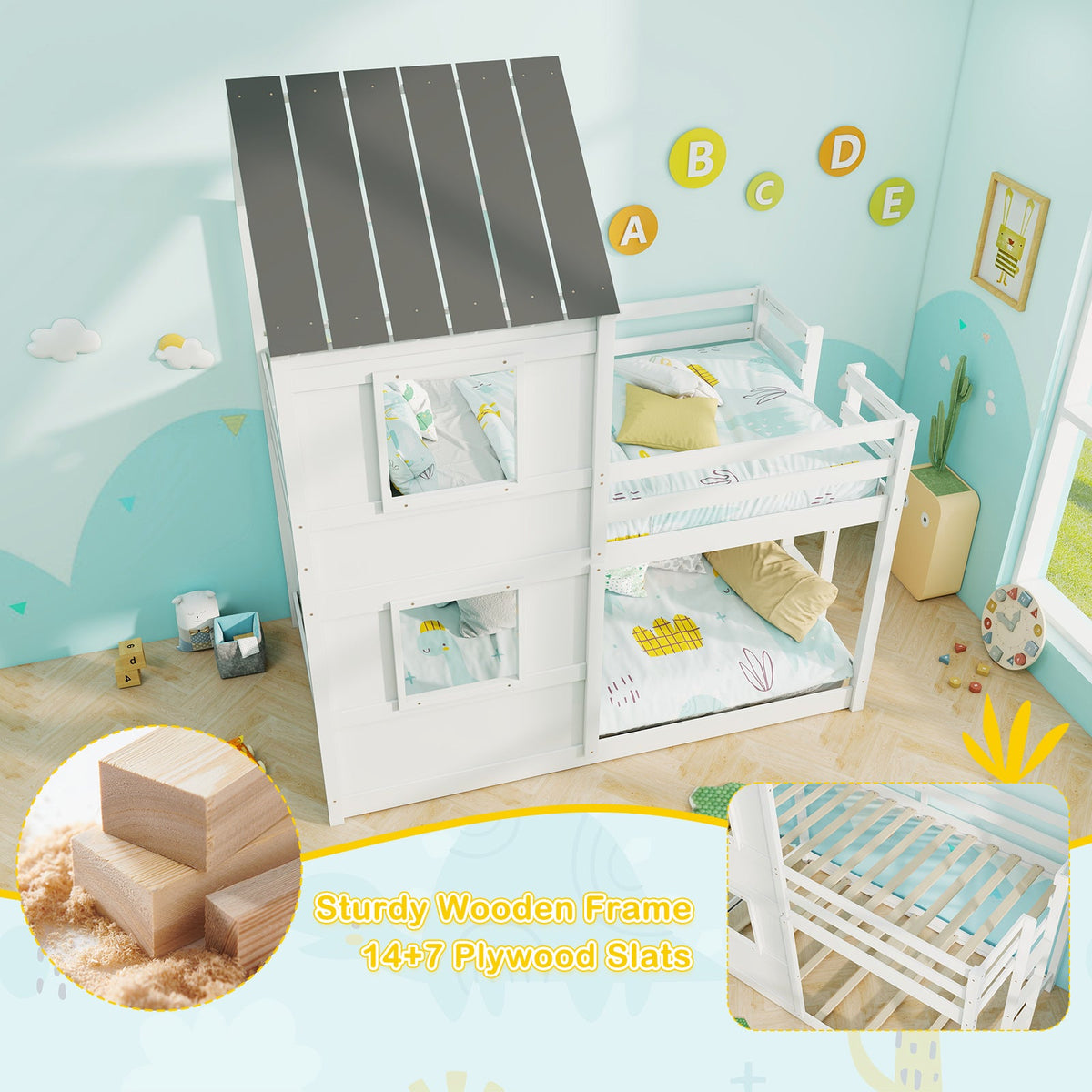 Wooden  Twin Over Twin Bunk Bed with Full-length Safety Guardrail and Ladder-White and Gray