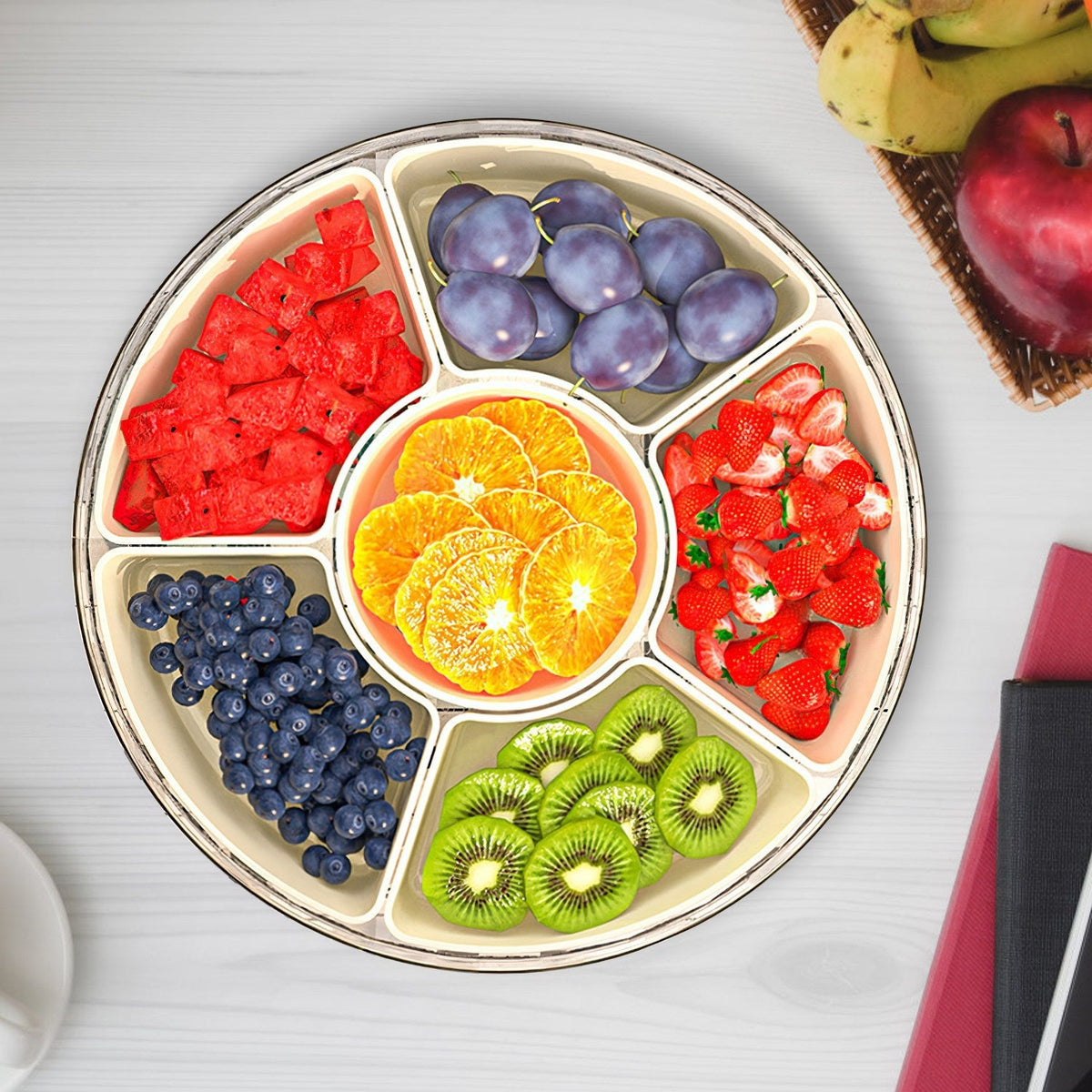 2Pcs Divided Serving Tray with Lid and Handle 360¡ Rotatable Snack Box Container with 6 Dividers Clear Portable Snack Platters for Fruit Candy Nut Sna