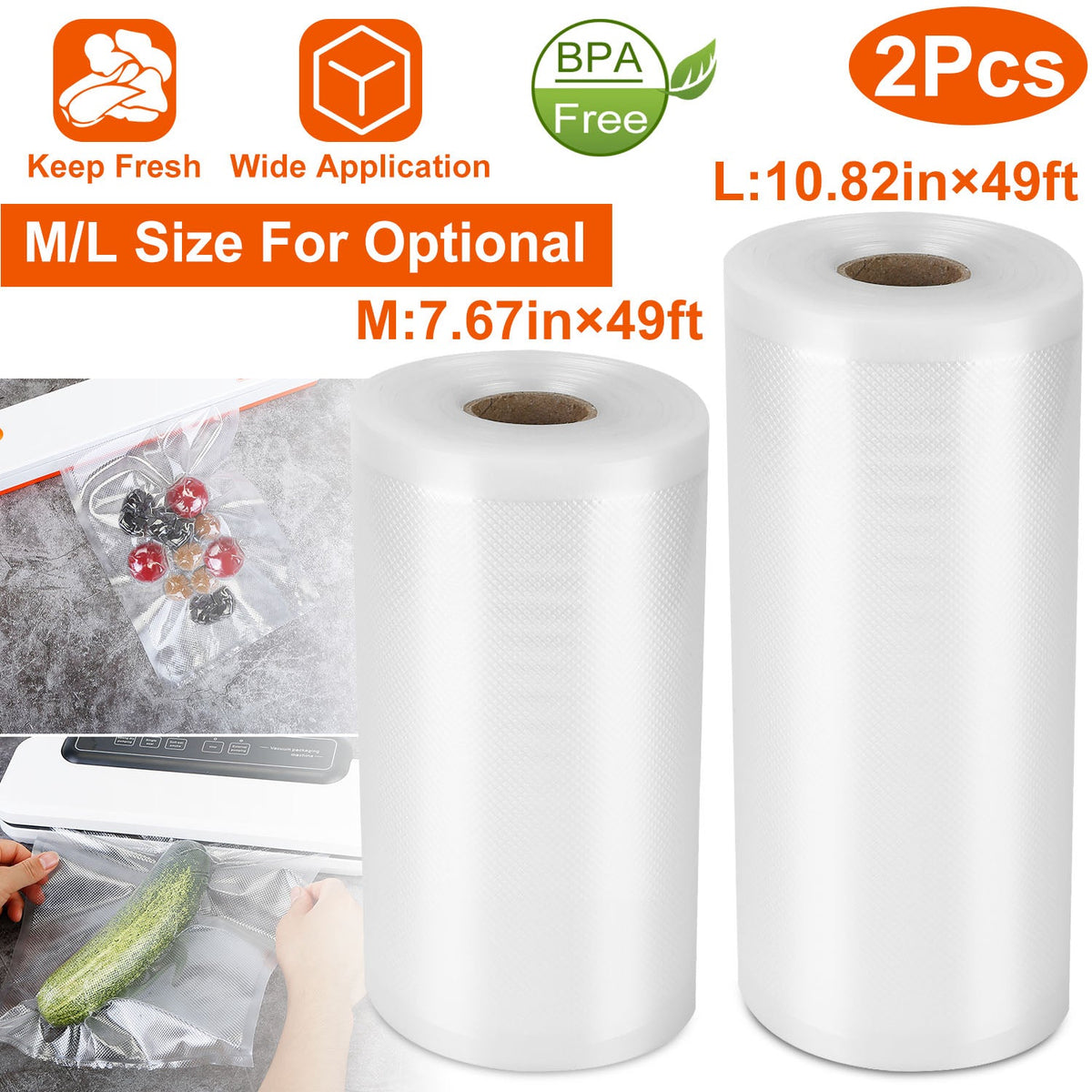 2 Rolls of Vacuum Sealer Bags 10.82inx49ft BPA Free Safe Vacuum Bags Keep Fresh Vacuum Machine (L)