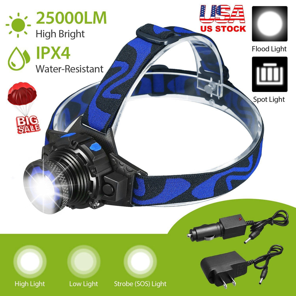 25000 LM Headlamp LED Tactical Headlight Zoomable Flashlight Torch w/Charges Camping