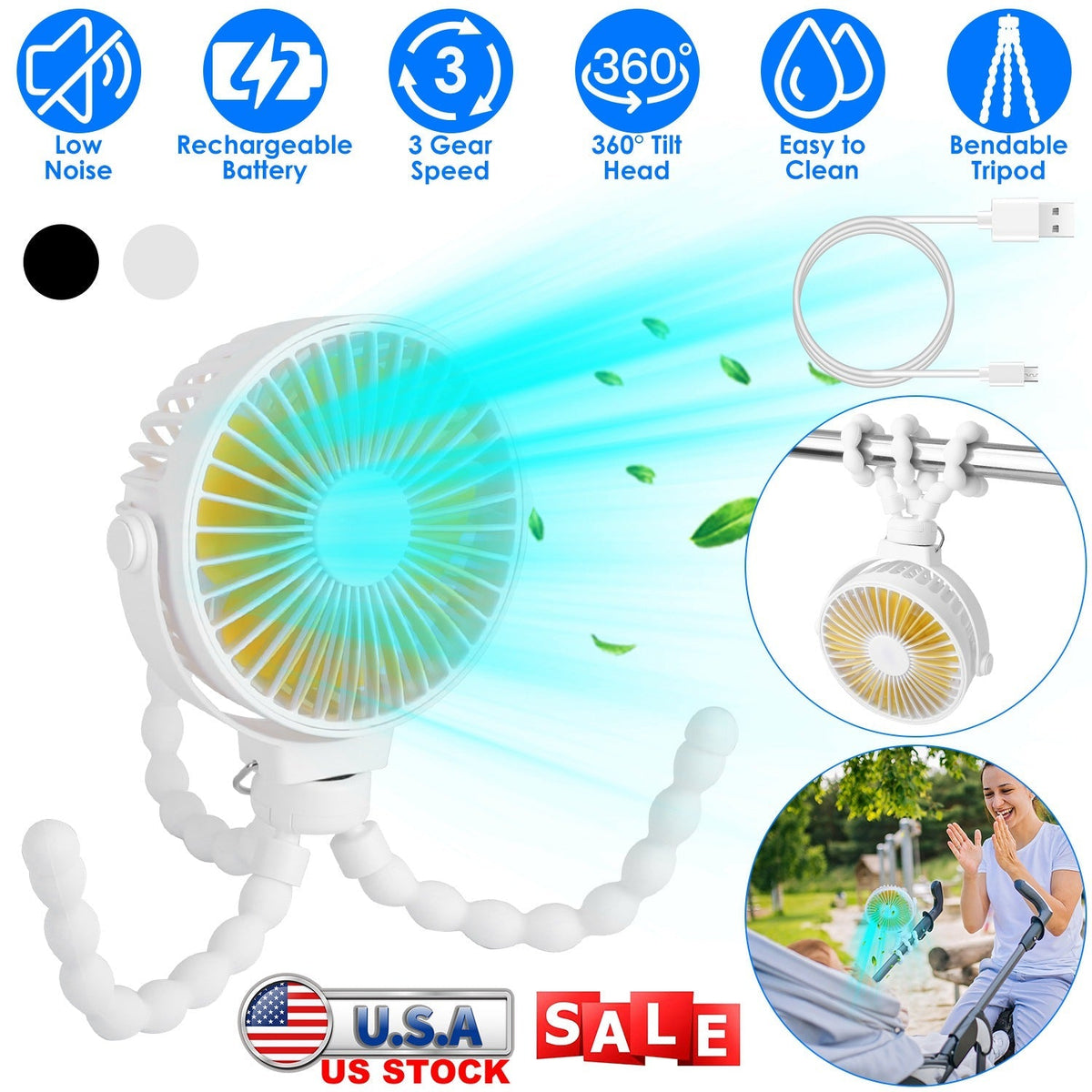 Portable Baby Stroller Fan Rechargeable Handheld Fan with Flexible Tripod Clip On Desktop Hanging Fan 3 Gear Speed 360¡ Tilt Head