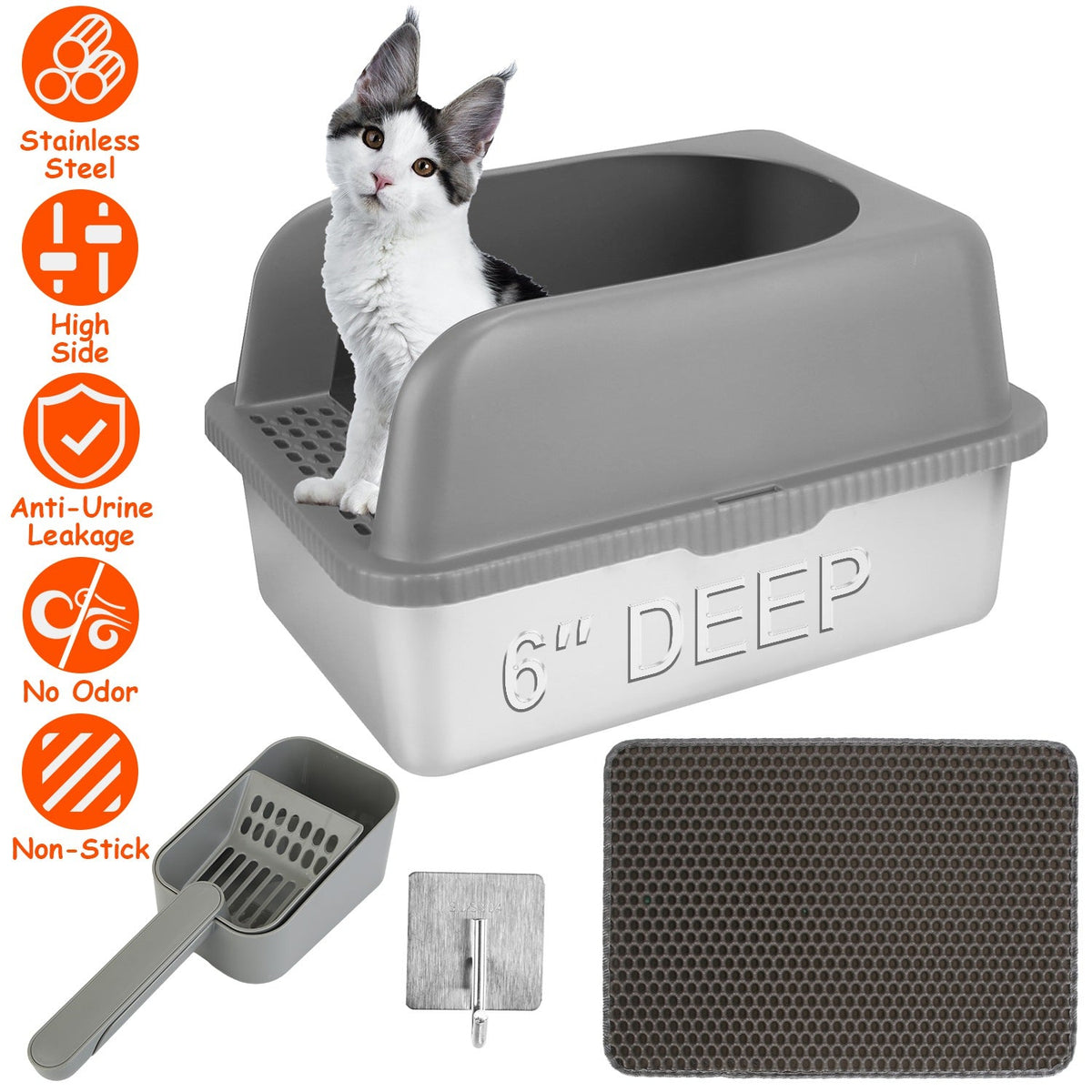 Enclosed Stainless Steel Cat Litter Box with Lid - 20L