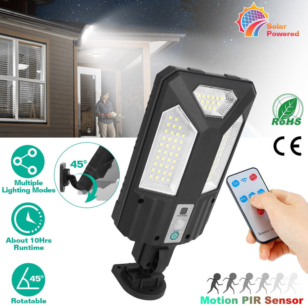 Solar Wall Light Outdoor 87 LED Beads PIR Motion Sensor Remote Control Wireless Lamps IP45 Waterproof Lighting for Garage Front Door Garden Pathway