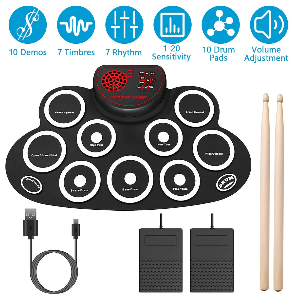 10 Pads Electric Drum Set Foldable 10-Drum SiliconÊDrum Kit Foldable Electronic Drum Pad Machine with Drum Sticks Headphone Jack Speaker Battery Dual-