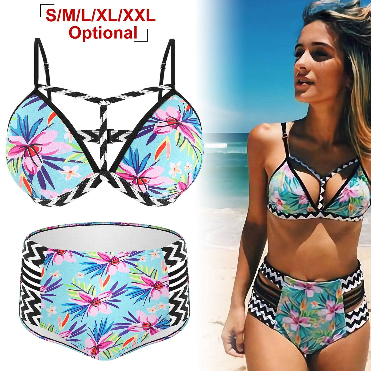 Bikini Swimsuit For Women Floral Padded Push Up Bikini Sets Two Pieces High-Waist Swimwear w/ Adjustable Shoulder Straps For Beach Swimming Pool
