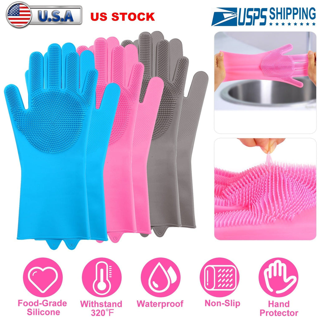 1 Pair Magic Silicone Brush Dishwashing Gloves Cleaning Sponge Pet Scrubber Heat Resistant Wash Gloves