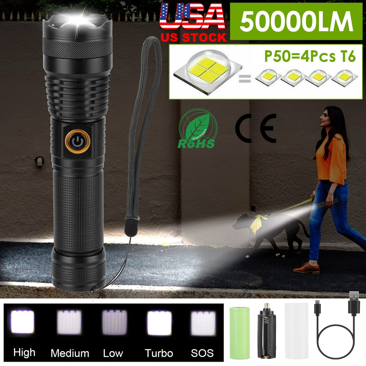 Tactical LED Flashlight Zoomable Rechargeable Search Light Torch 50000LM w/ 5Modes SOS Night Light For Night Walking Adventures