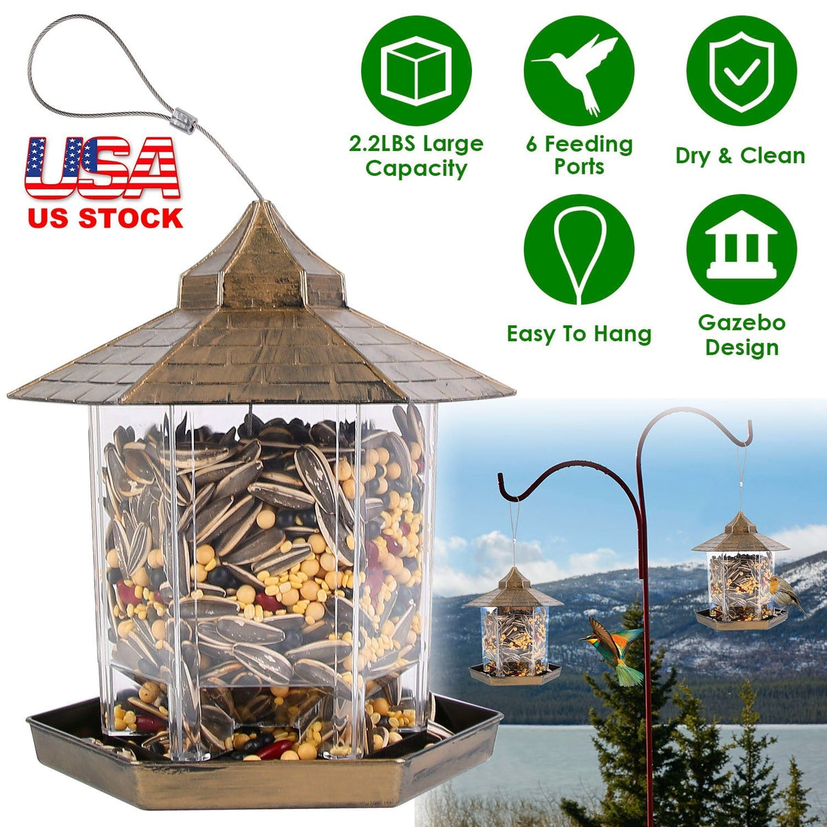 Hanging Gazebo Wild Bird Feeder Outdoor Bird Seed Station with Large Capacity 6 Feeder Ports for Garden Patio Park Weatherproof Easy To Refill