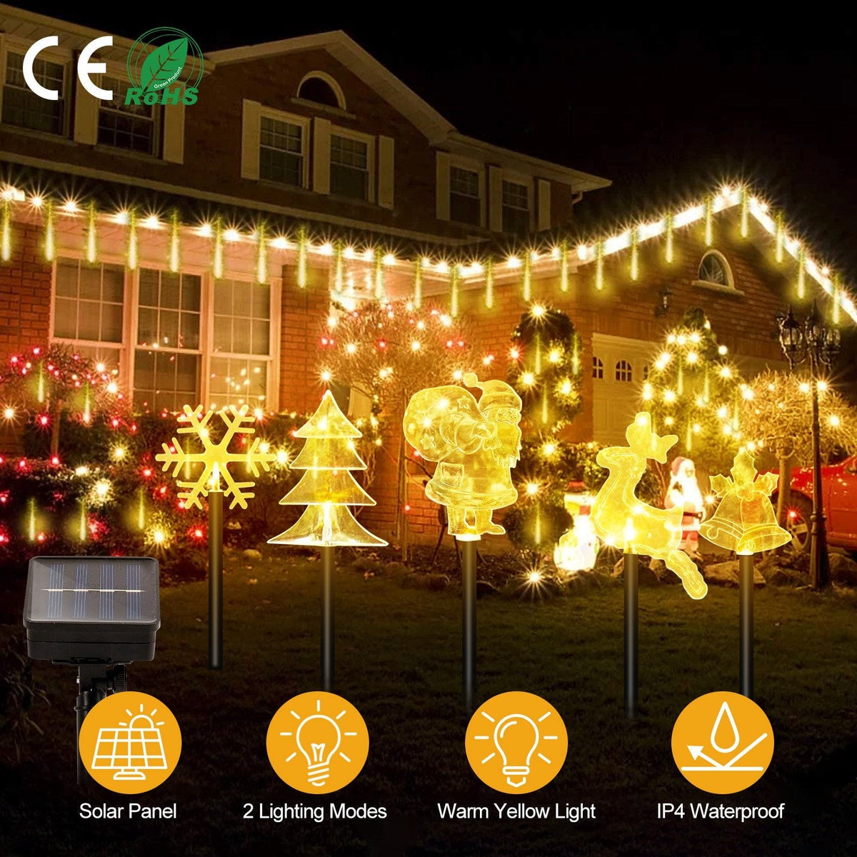 5Pcs Mixed Christmas Decoration Light Solar Stake Light Waterproof Reindeer Snowflake Bell Christmas Tree Santa Claus Light Outdoor Landscape Light