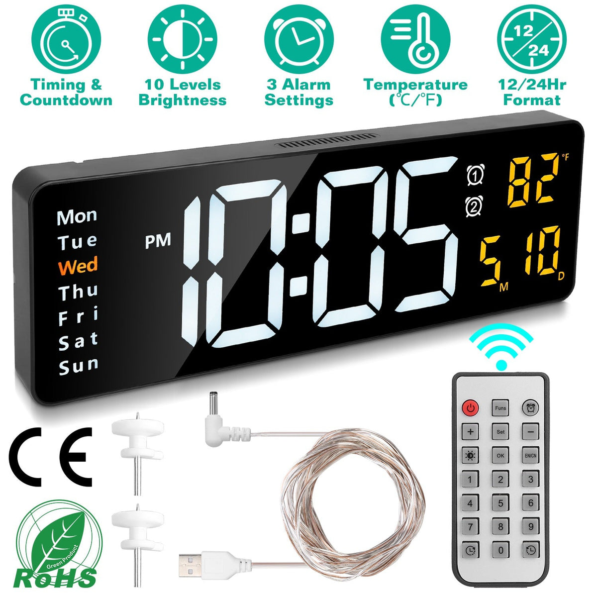 15.7in LED Digital Wall Clock with Remote Control 10 Level Brightness 3 Alarm Settings 12/24Hr Format Timing Countdown Temperature Calendar Display De