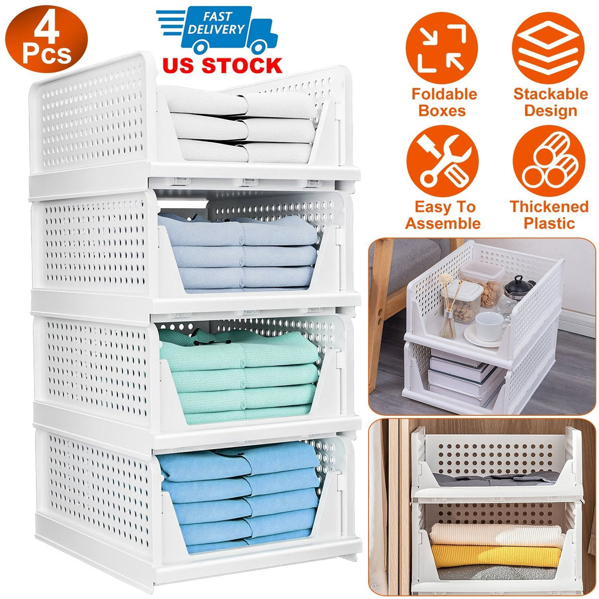 4 Packs Plastic Storage Box Closet Organizer Foldable Storage Bin Stackable Drawer with Slide Rail Push-Pull Storage Basket for Living Room Bedroom Wa