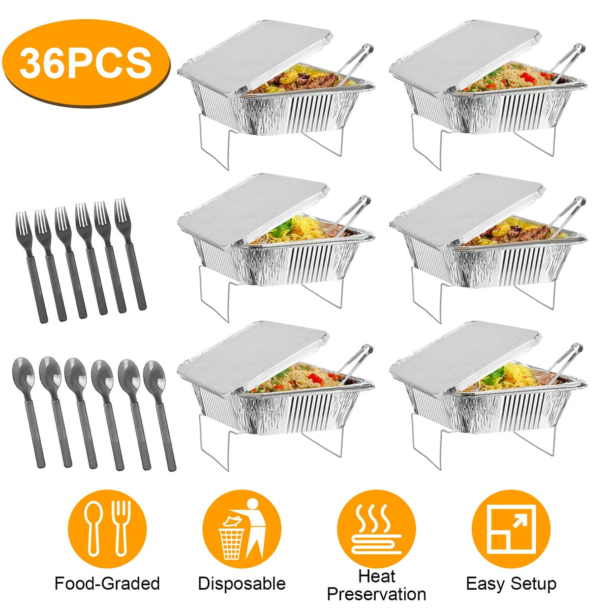 36Pcs Disposable Chafing Dish Buffet Set Food Warmers For Party Buffet Server Catering Supplies With Covers Utensils Half Size Food Pans For Parties E