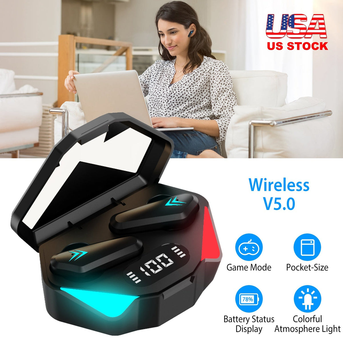 Wireless TWS 5.0 Earbuds Headphone in-Ear Earphone Headset with Charging Case Waterproof Low Latency Game Mode