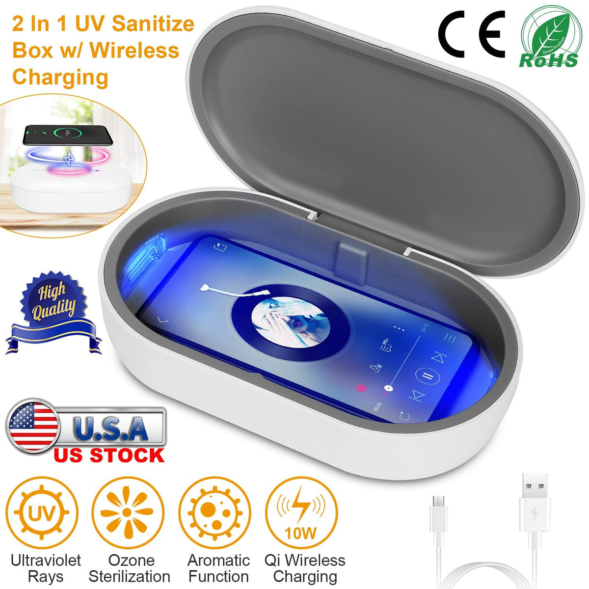 UV Light Sanitizer Box Portable 10W Phone Wireless Charging Disinfection Lamp w/ Aroma Diffuser Sterilizing Box For Jewelry Watch Wallet Keys