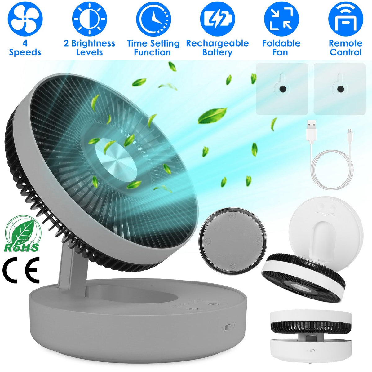 Foldable Rechargeable LED Desk Fan Wall Mounted Fan with Magnetic Remote Hanging Oscillating Fan with 4 Speeds 2 Brightness Time Setting Automatic Rot