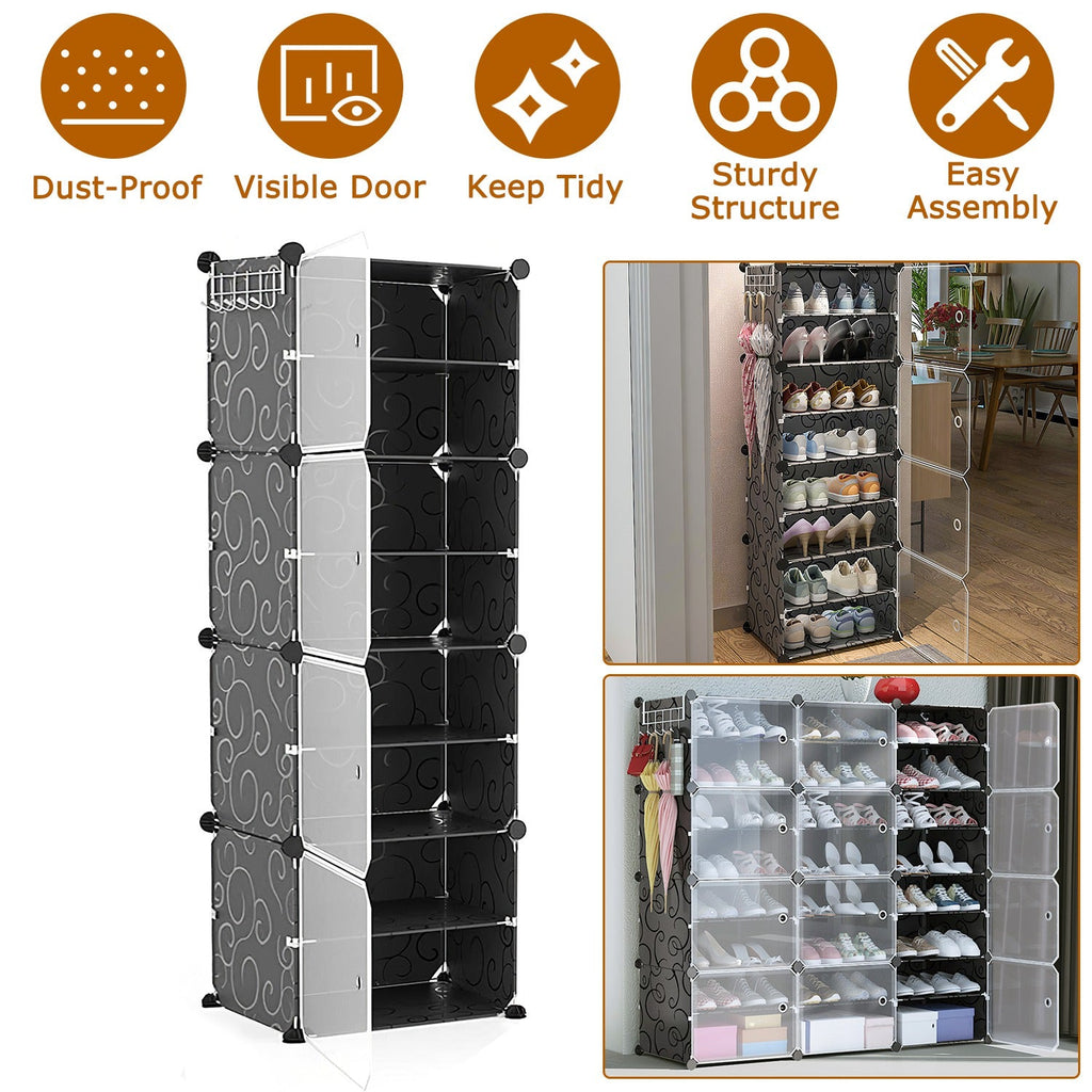 8-Tier Shoe Rack Organizer Stackable Free Standing Shoe Storage Shelf Plastic Shoe Cabinet Tower with Transparent Doors for Heels Boots Slippers Entry