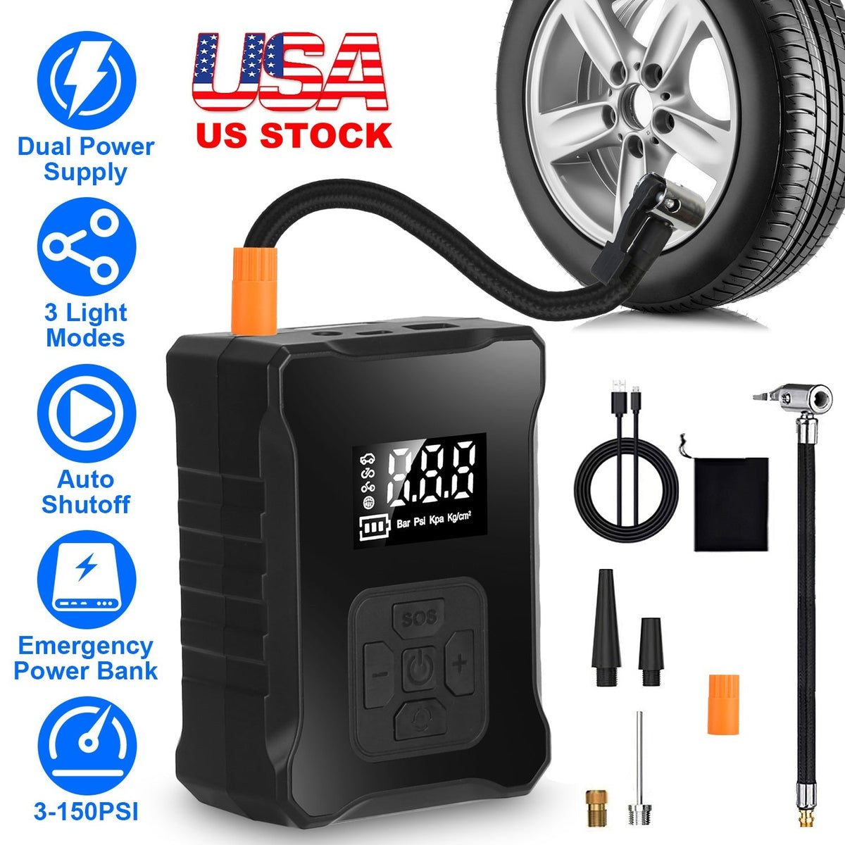 150PSI Cordless Tire Inflator Digital Air Compressor with LED Light Emergency Power Bank for Cars Motorcycles Bicycles Balls