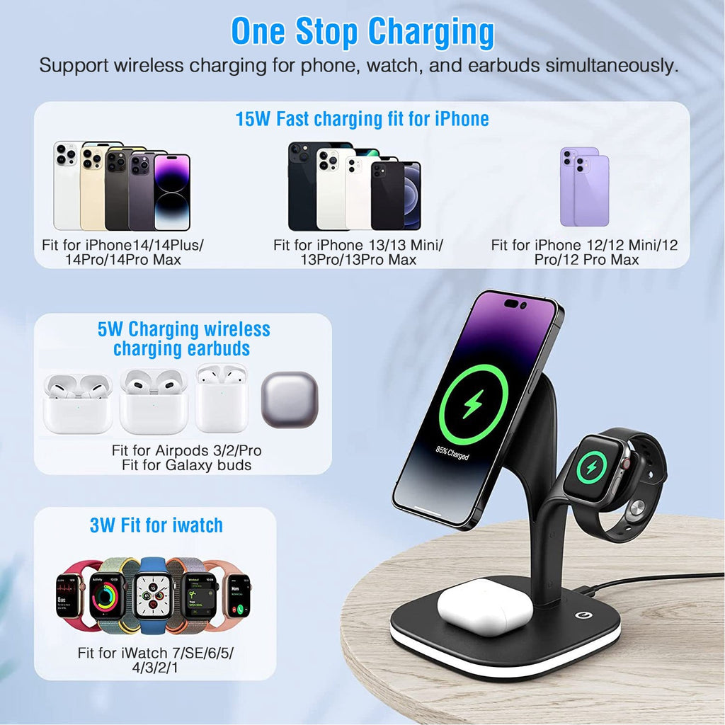 4 in 1 Magnetic Wireless Charging Station Dock Charger 15W Fast Charging Stand Nightlight Fit for iPhone 14 13 12 Pro Pro Max Mini iWatch 7 6 5 4 3 2