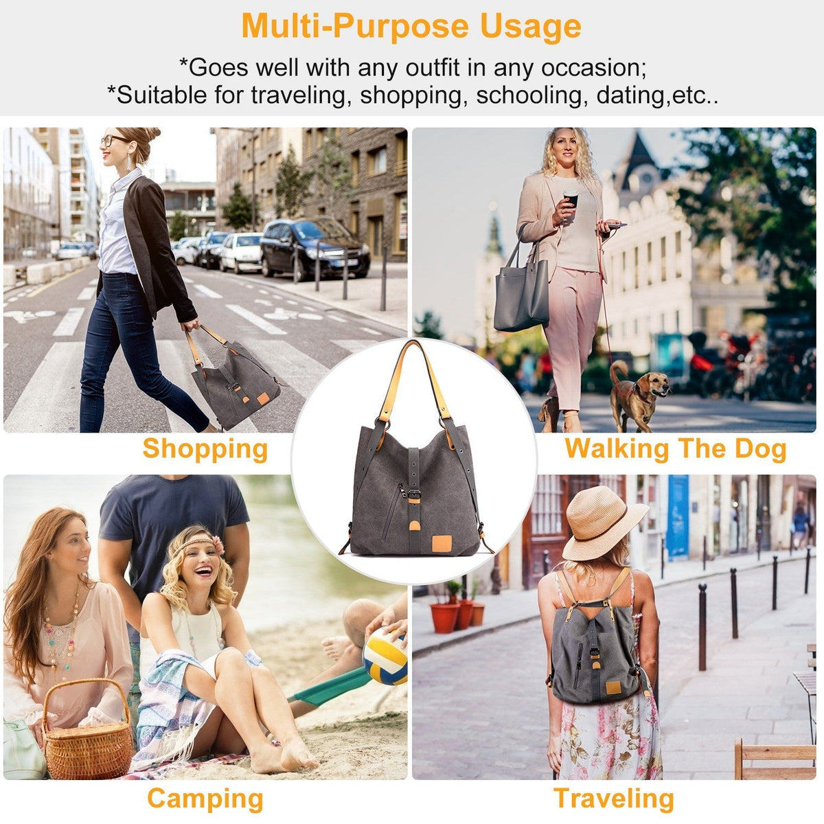 Ladies Canvas Tote Bag Multifunctional Purse Handbag Adjustable Shoulder Rucksack Convertible Backpack Wear-Resistant Dirt-Proof For Women School Offi