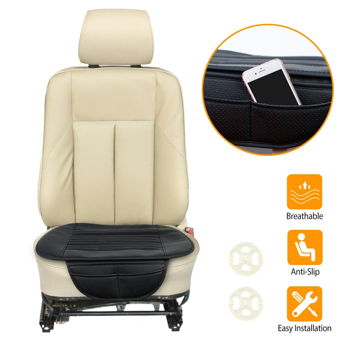 Universal Car Seat Cushion Cover Breathable Car Front Seat Cover Pad Mat Filling Bamboo Charcoal w/ Non-Slip Bottom and Storage Pockets