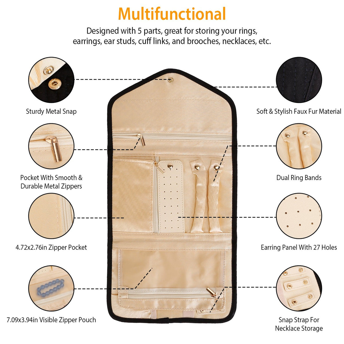 Travel Jewelry Organizer Case Foldable Jewelry Roll Storage Bag for Journey-Rings Necklaces Earrings Bracelets