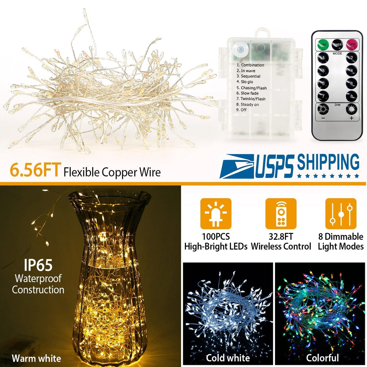 2M 100 LED Fairy String Lights Copper Wire w/Remote Control Party Xmas Decore Lights