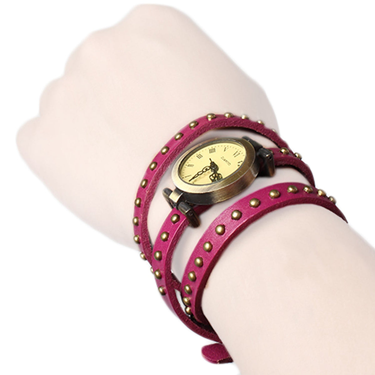 Fashionable Rivet Leather Belt Retro Watch Hand Chain-pink