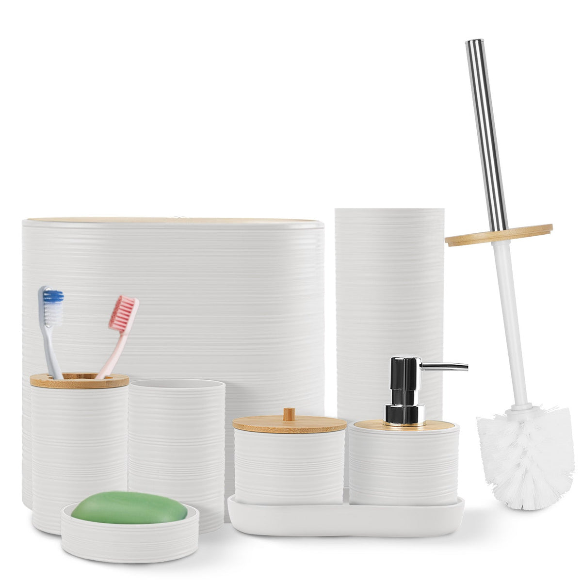 8Pcs Bathroom Accessories Set Bathroom Holder Set with Soap Dispenser Toothbrush Holder Cup Soap Dish Toilet Cleaning Brush Trash Can Qtip Holder Vani