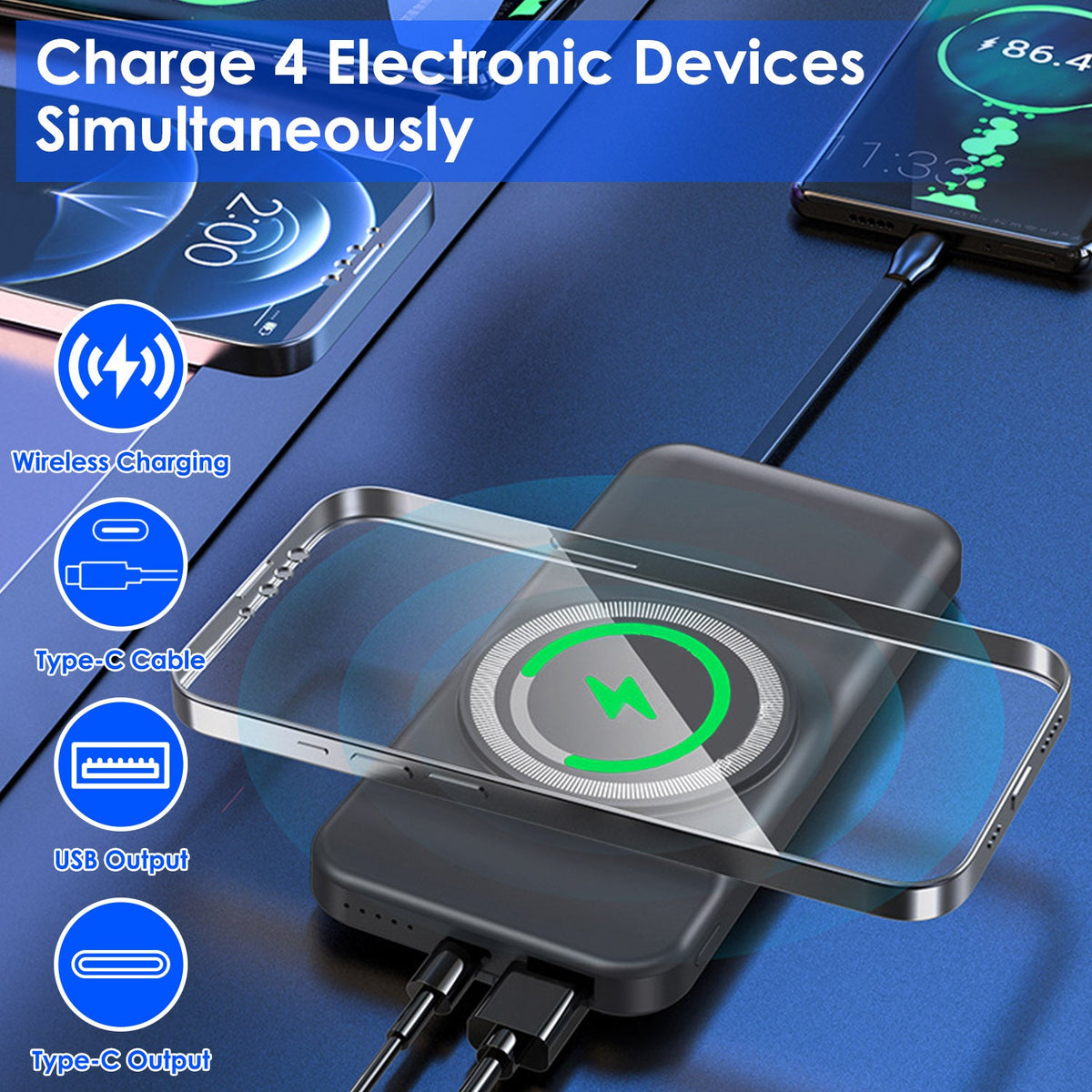 10000mAh 22.5W Magnetic Wireless Power Bank PD Fast Charging Portable Charger with Built-in Type-C Cables 15W Wireless Charging