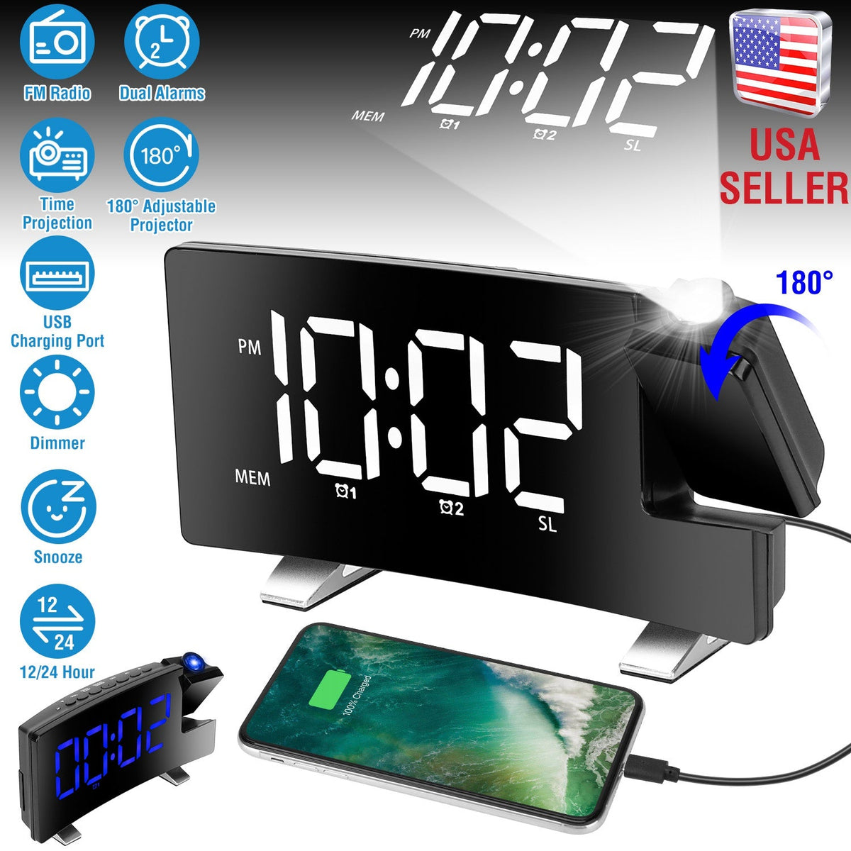 Projection Alarm Clock with Radio Function 7.7In Curved-Screen LED Digital Alarm Clock w/ Dual Alarms 4 Dimmer 12/24 Hour USB Charging Port 180¡ Rotat