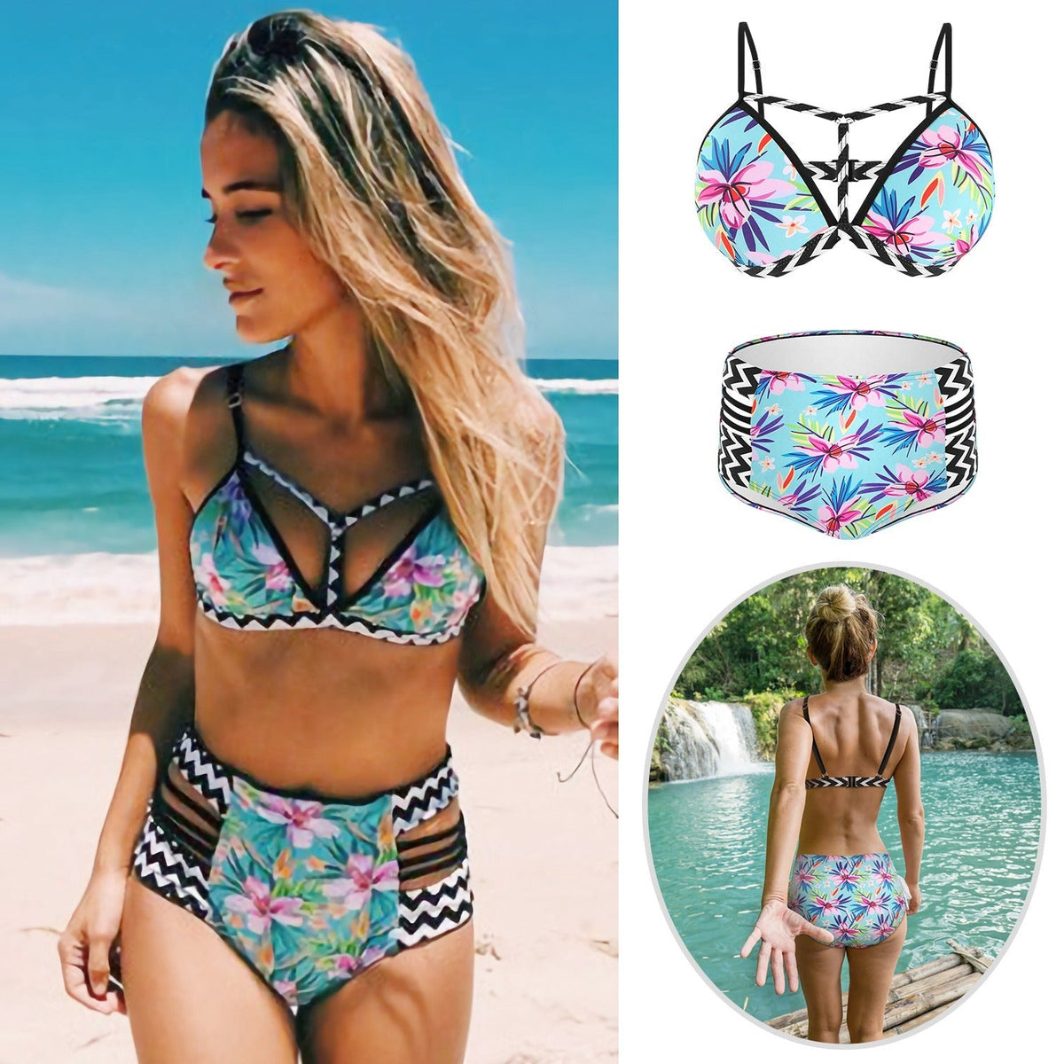 Bikini Swimsuit For Women Floral Padded Push Up Bikini Sets Two Pieces High-Waist Swimwear w/ Adjustable Shoulder Straps For Beach Swimming Pool