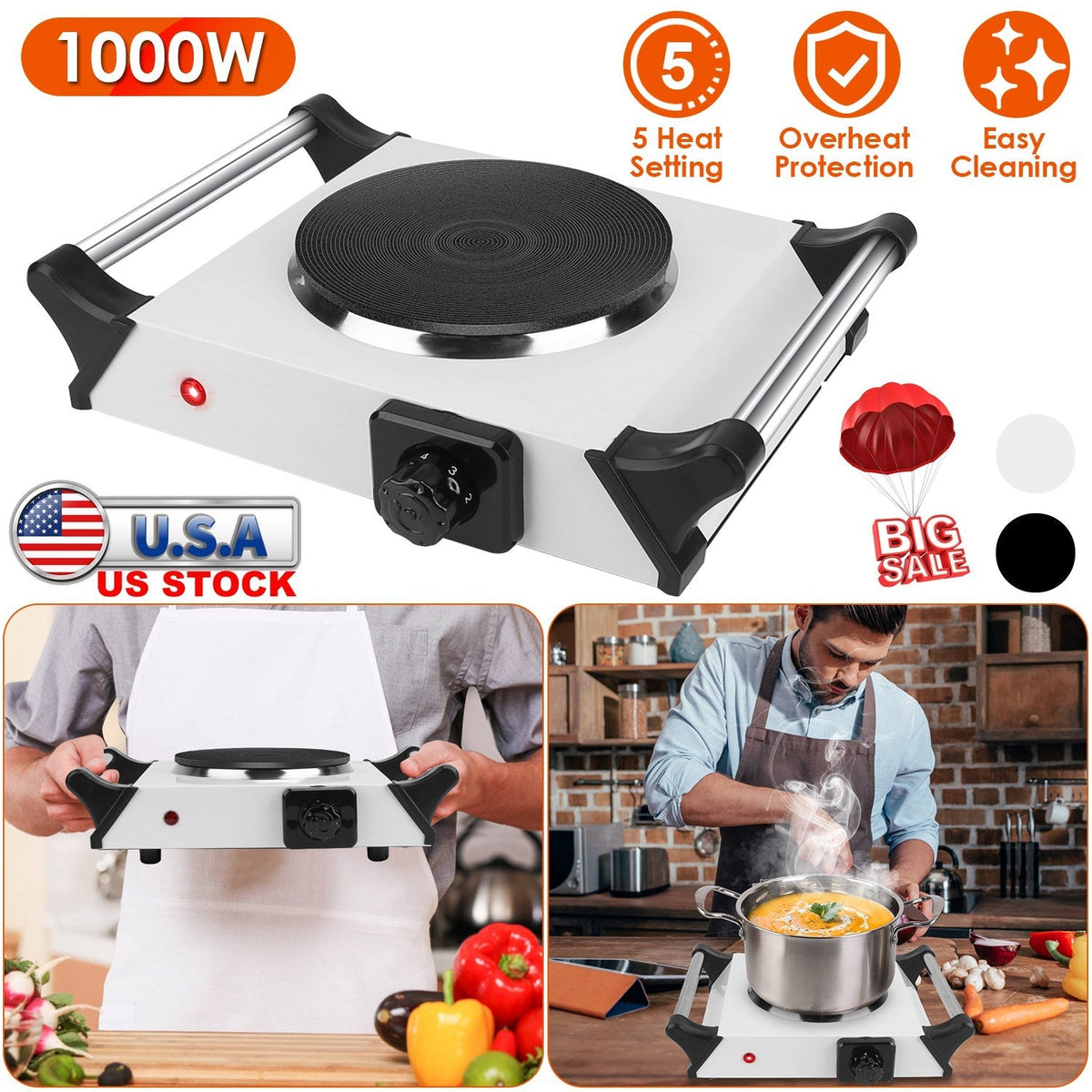 1000W Electric Single Burner Portable Heating Hot Plate Stove Countertop RV Hotplate with 5 Temperature Adjustments Portable Handles