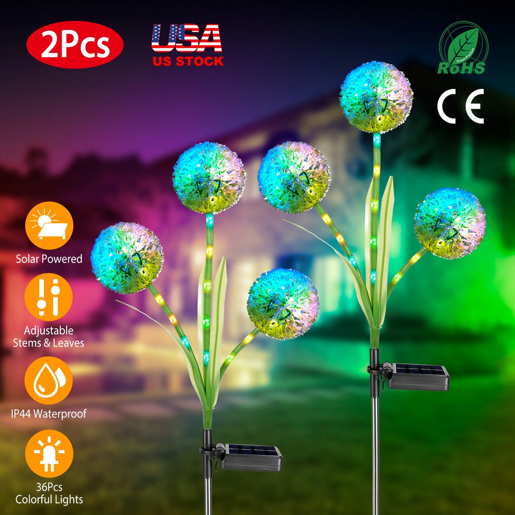 2 Pcs Dandelion Solar Light 36LED Beads Outdoor Garden Lawn Pathway Landscape Stake Lamp Colorful Ornamental Light