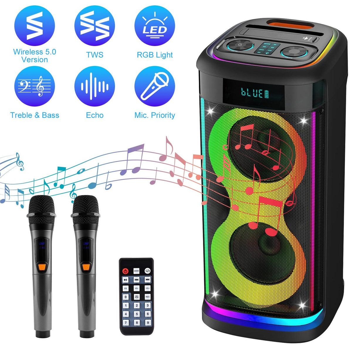 Portable Wireless Party Speaker | LED Lights, 2 Wireless Mics, Remote, TWS & Guitar Input