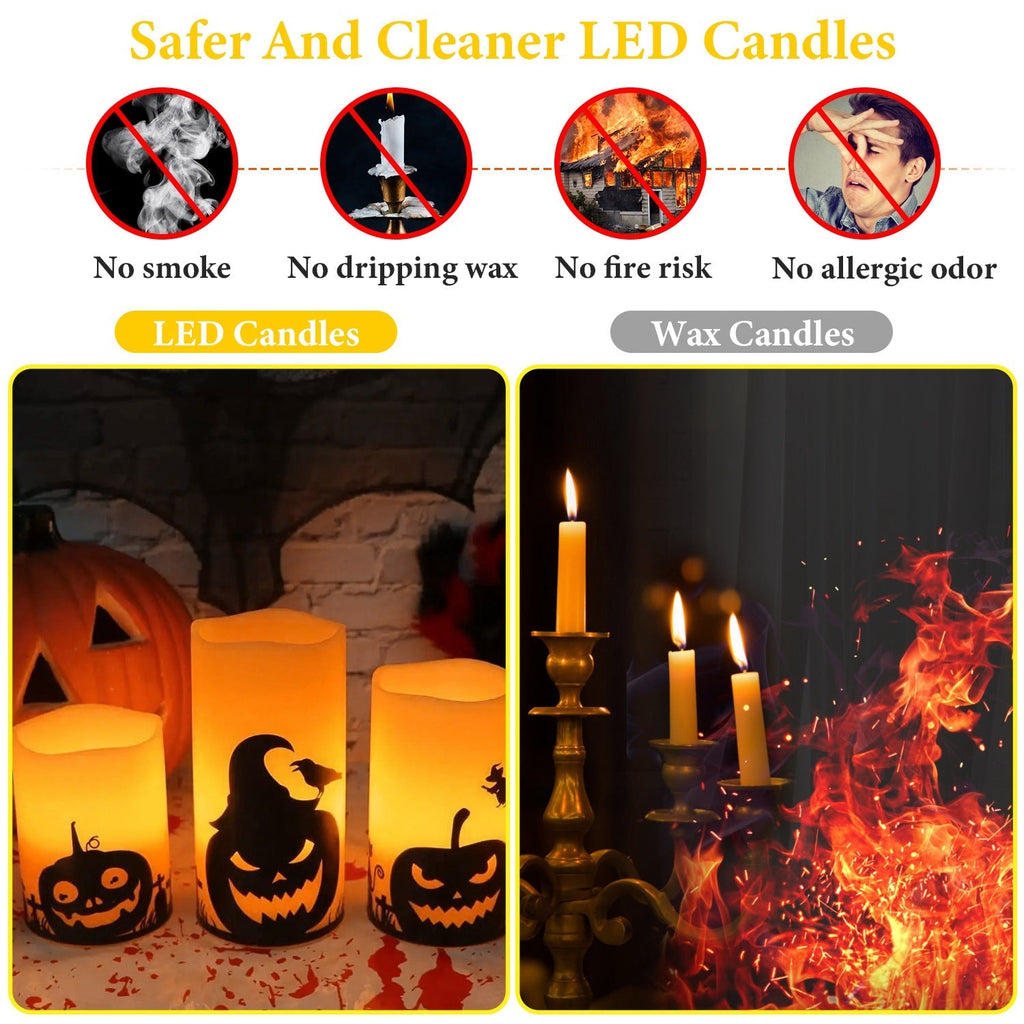 3 Pack Halloween Flameless Candle Lamp with Timer Setting Battery Powered Warm Orange Light Candles for Halloween Party Decoration Pumpkin Crow Bat