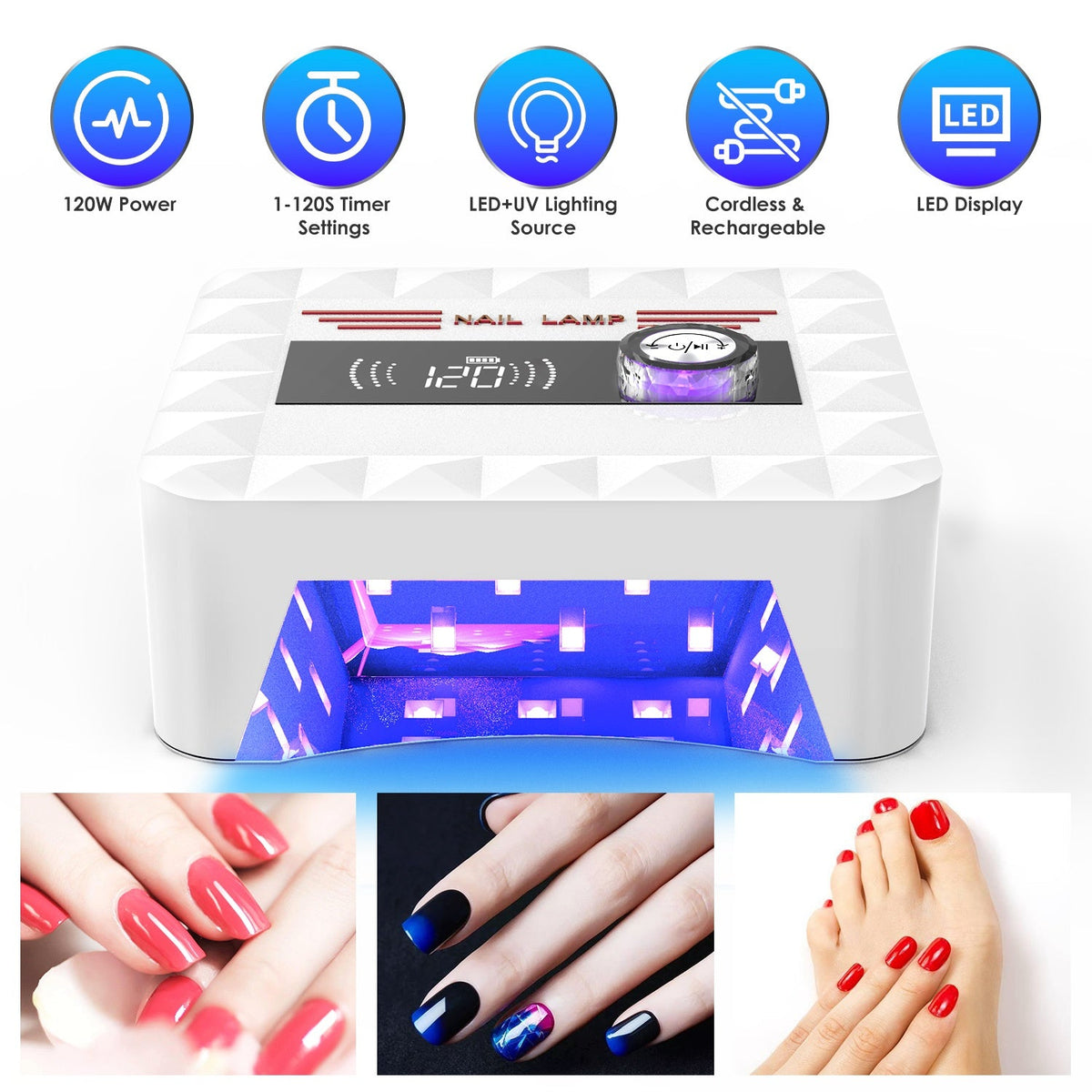 120W Cordless UV Nail Lamp Rechargeable Gel Curing Lamp Gel Polish Light Nail Dryer with LED Display 1-120S Timer Settings 30 LED Beads for Salon and