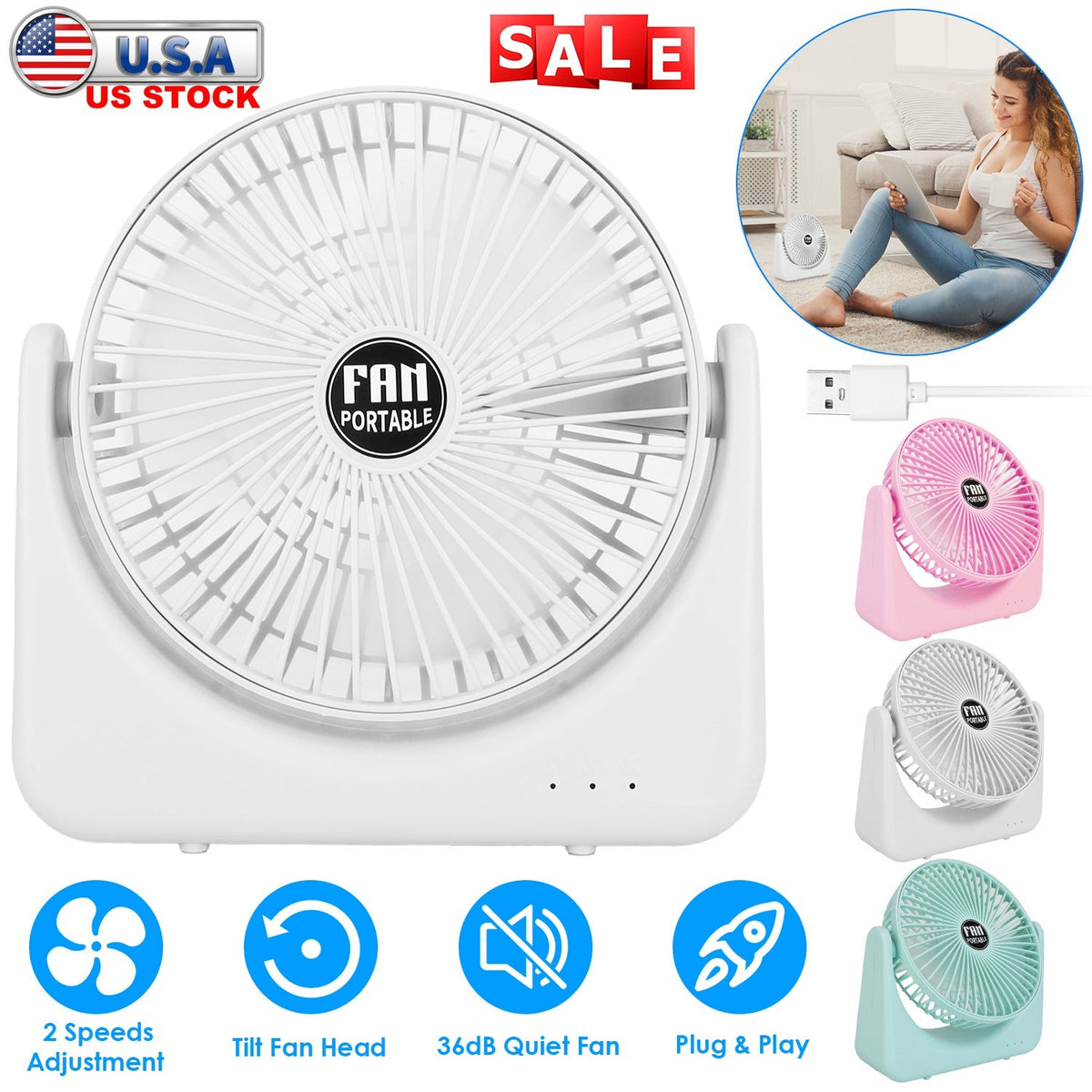 6.5in Desk Fan USB Powered 2 Speeds Table Cooling Fan Tilt Quiet Desktop Fan for Bedroom Office