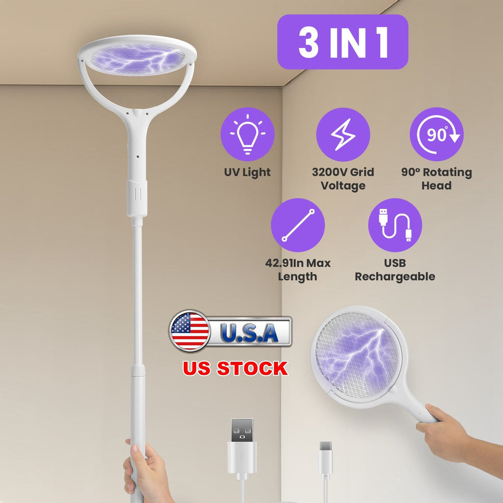 3 In 1 Electric Bug Zapper Racket 90¼Rotating Bug Zapper Wand Indoor Outdoor Handheld Mosquito Swatter with Telescopic Extension Wand
