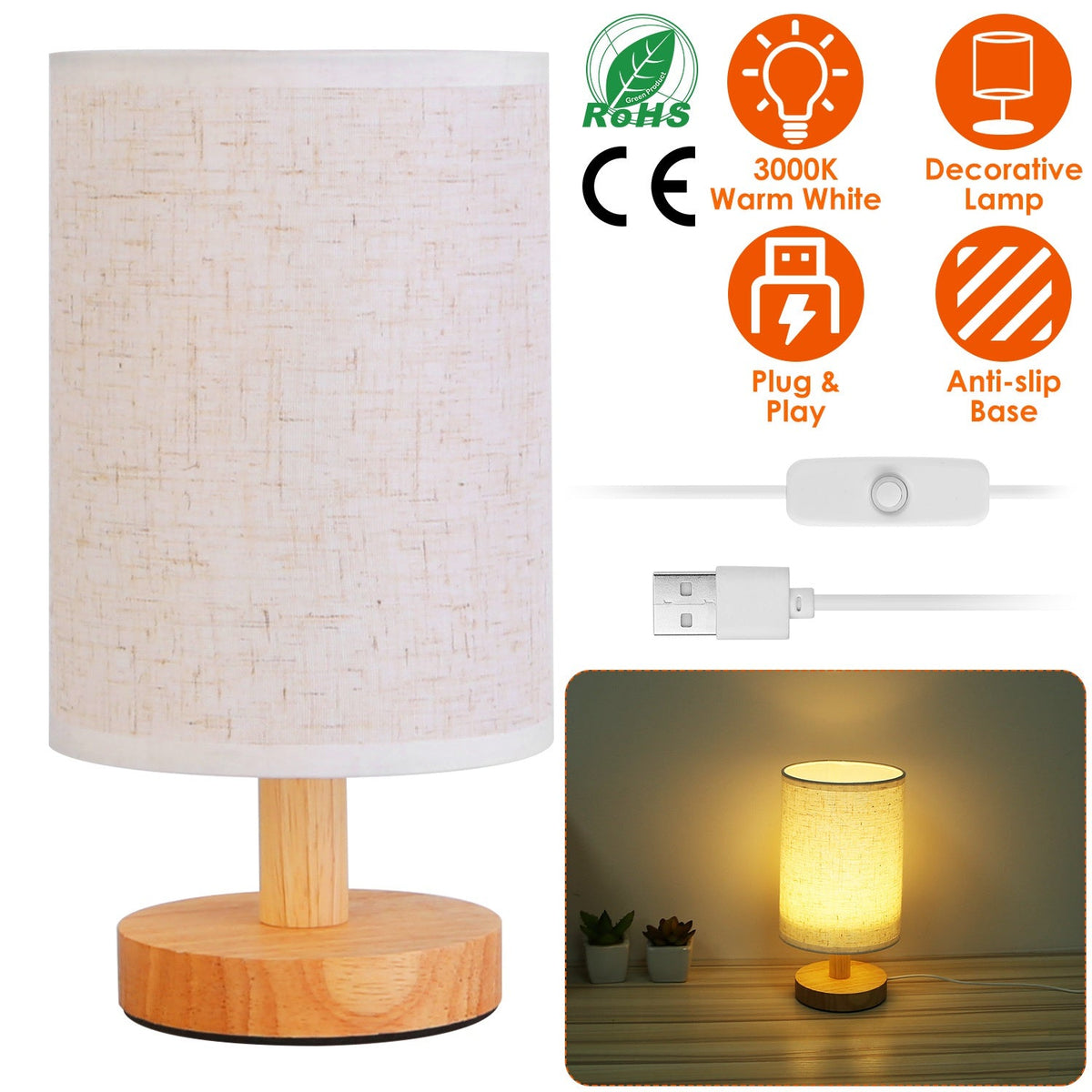 Beside Lamps for Bedroom Warm White Nightstand Lamp USB Plug Modern Lantern for Bedroom with 32.48in Cord