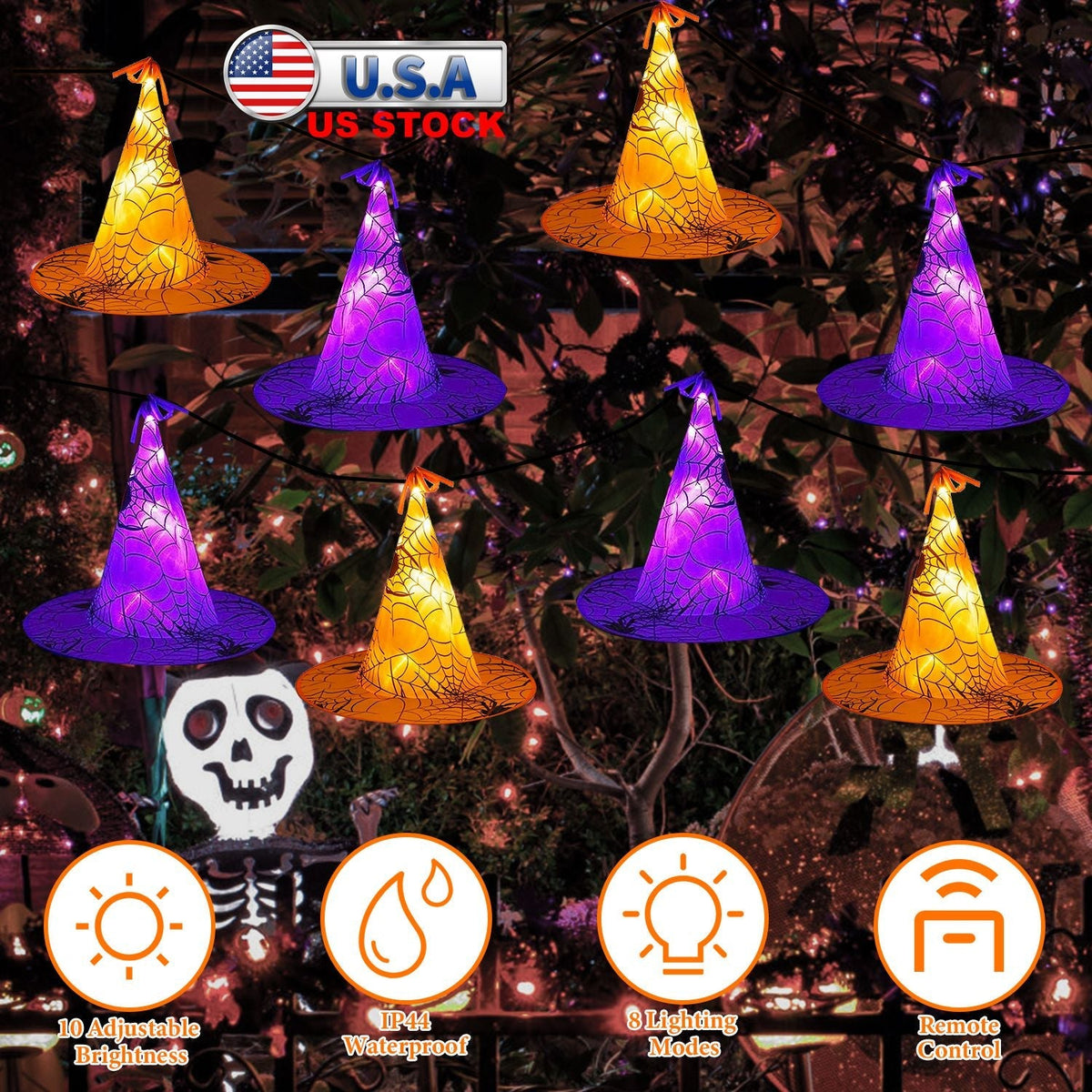 8 Pack 13FT Witch Hat Hanging String LED Light Halloween Decoration Battery Powered Remote Control 8 Lighting Modes Glowing Outdoor Indoor Halloween P