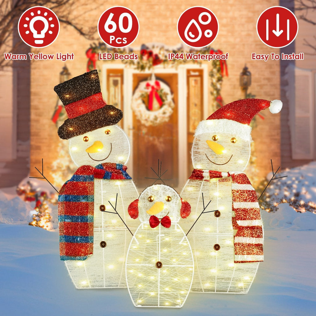 3Pcs 2D Christmas Snowman Yard Decoration Snowman Family Outdoor Decoration With 60Pcs LED Warm Yellow Lights IP44 Waterproof For Christmas Indoor Out