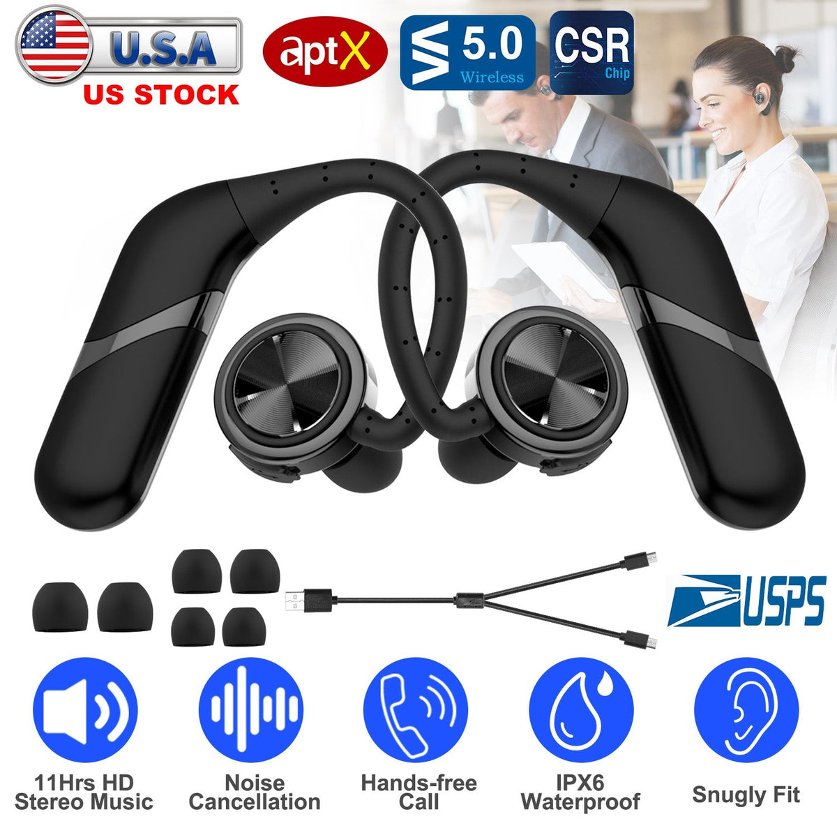 True Wireless Earbuds Wireless V5.0 Stereo Earphones IPX6 Waterproof Headphones 11Hrs Playtime Deep Bass w/ Mic Headsets