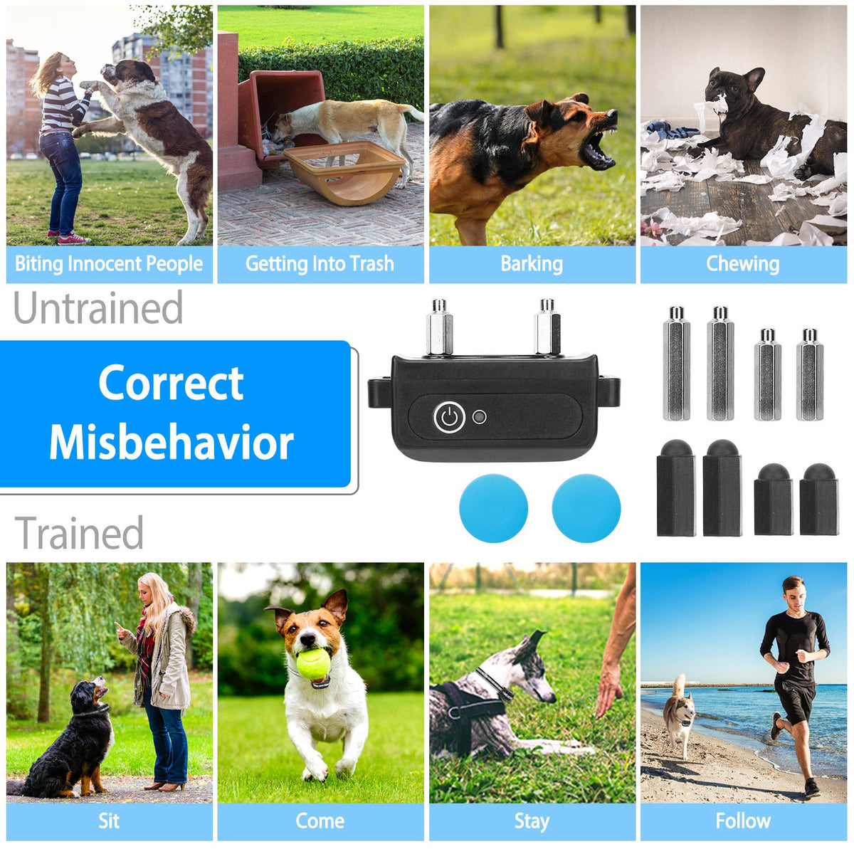 Dog Training Collar IPX7 Waterproof Pet Beep Vibration Electric Shock Collar Rechargeable Transmitter Receiver Trainer w/ Remote