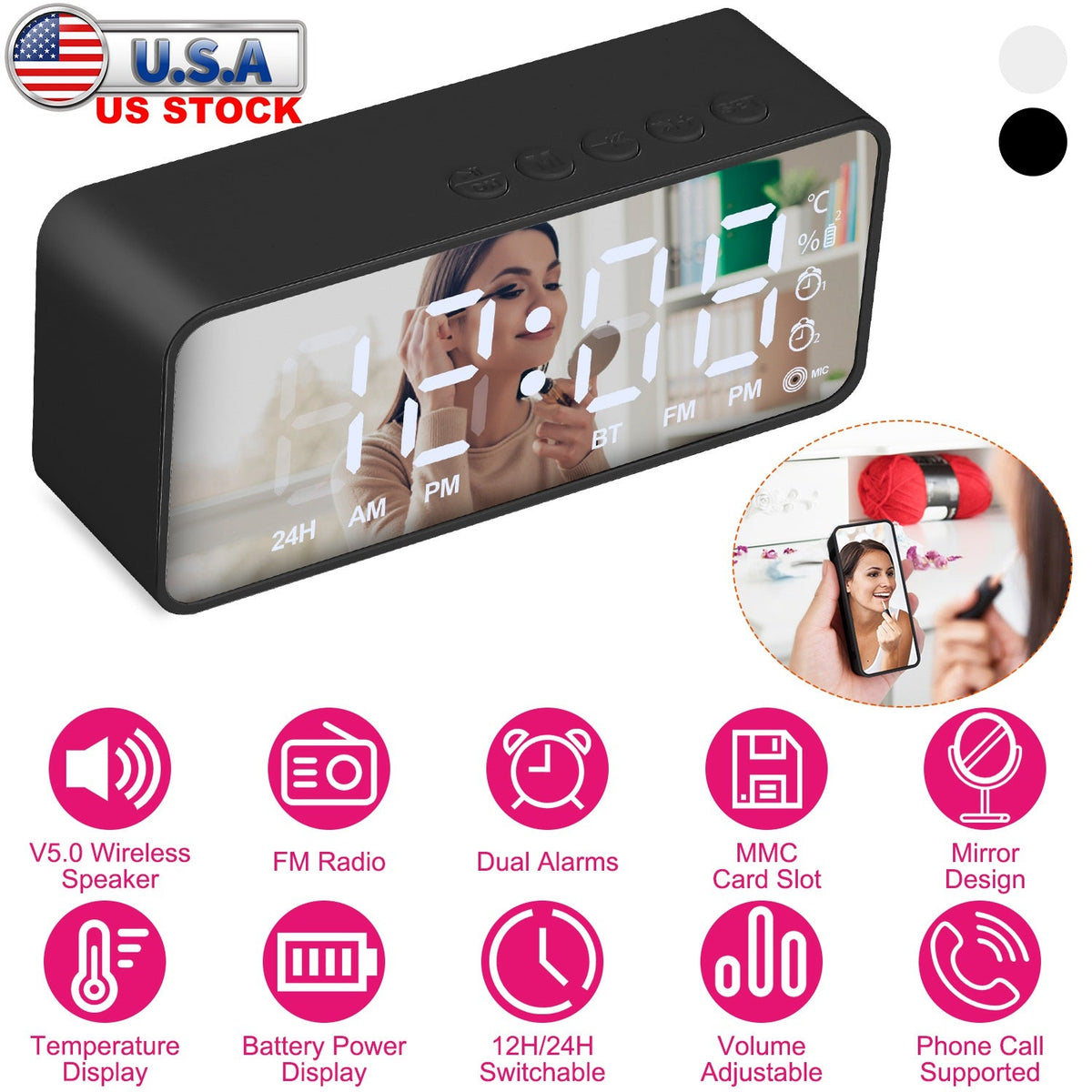 Mirror Digital Alarm Clock LED V5.0 Wireless Speaker Clock with FM Radio Temperature Display MMC Card Slot