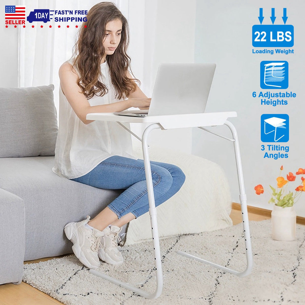 Foldable Tray Table Portable Sofa TV Tray 6 Heights 3 Angles Laptop Desk Adjustable Eating Dinner Coffee for Bed Dorm Home