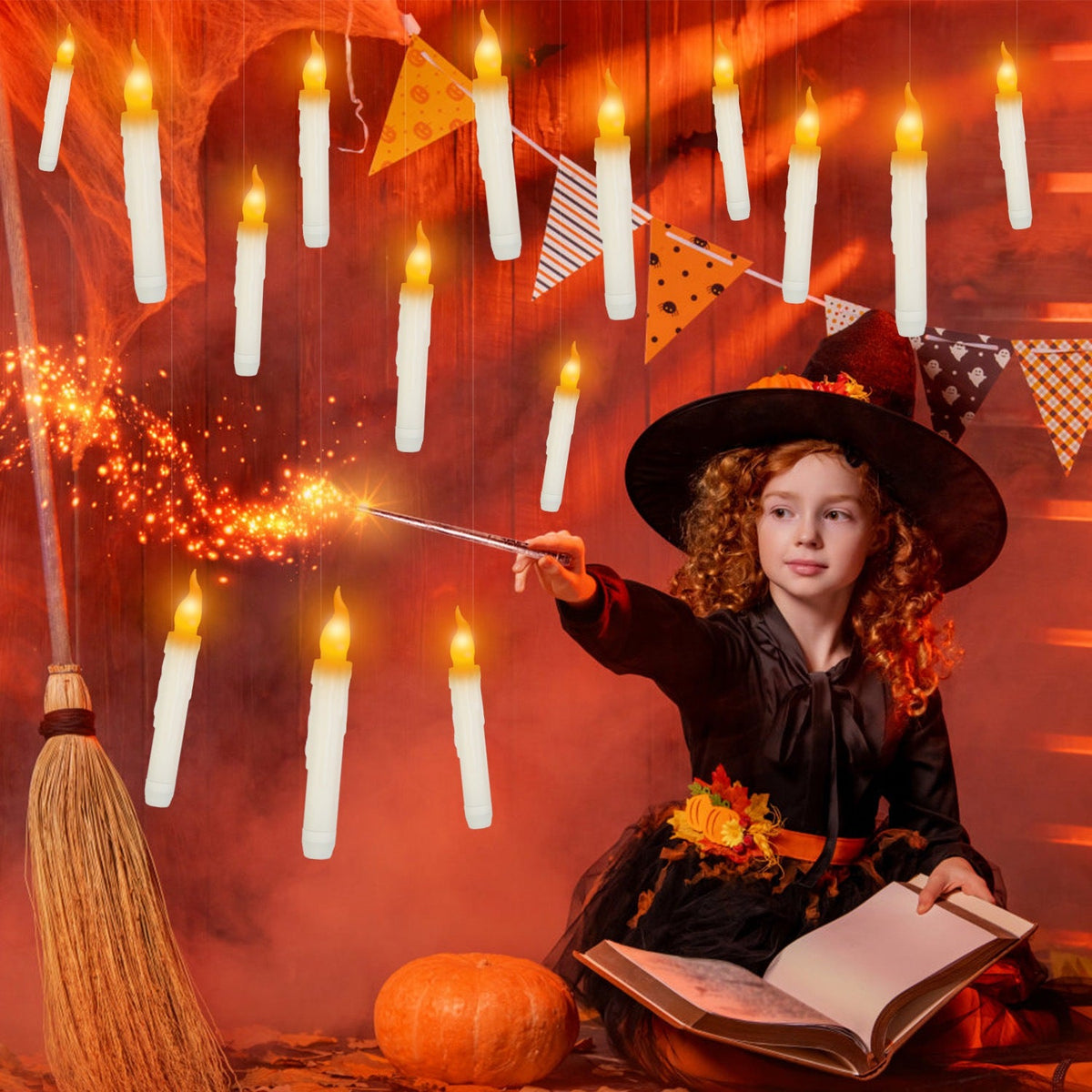 12Pcs Flameless Floating Candles LED Magic Hanging Candle Light Battery Operated Flickering Warm Light Window Candle With Magic Wand Remote for Hallow