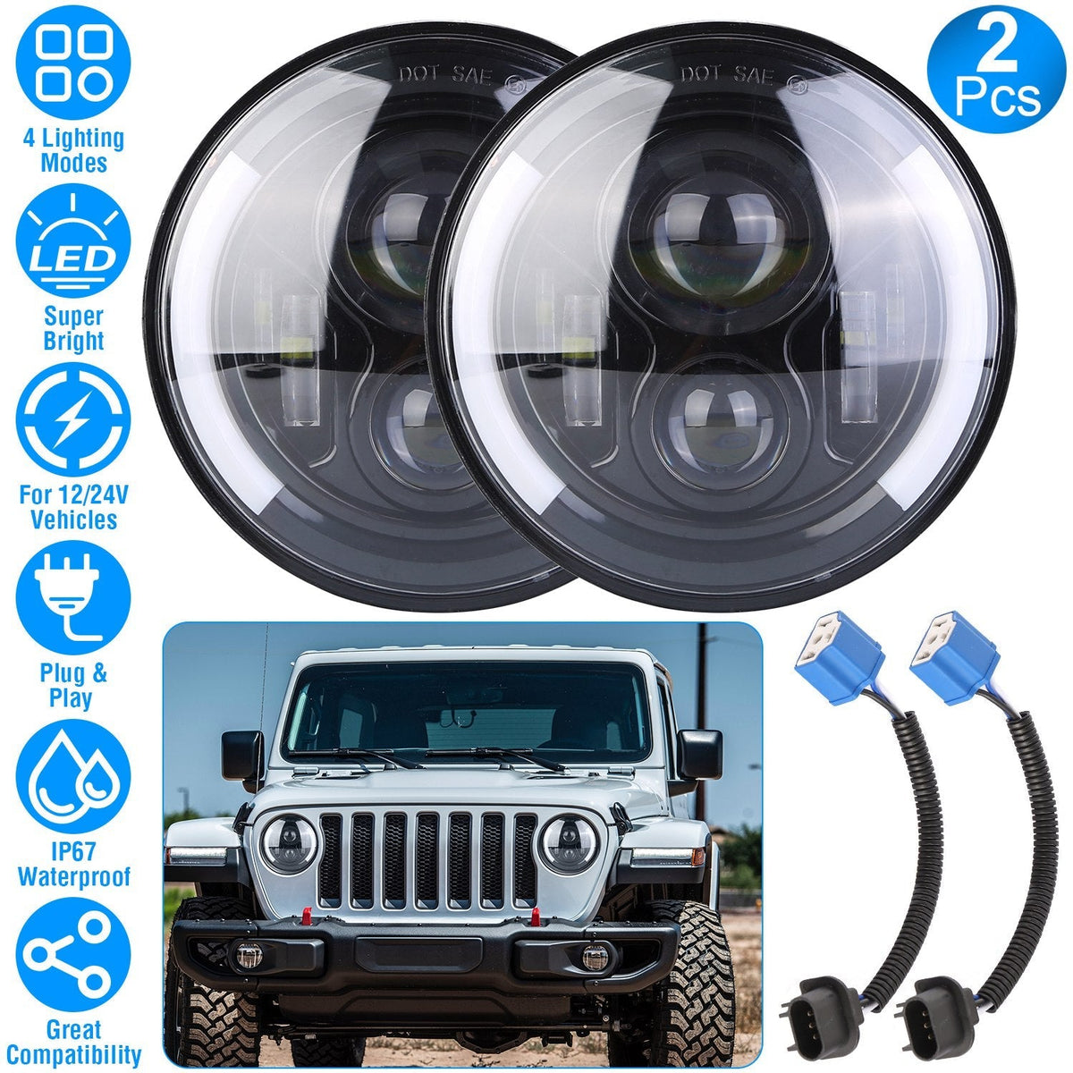 2Pcs 7In 40W Round LED Headlights 3800LM Halo Car Headlamp with DRL Turn Light High Low Beam Fit for Honda Yamaha Motorcycle Jeep Wrangler TJ JK CJ