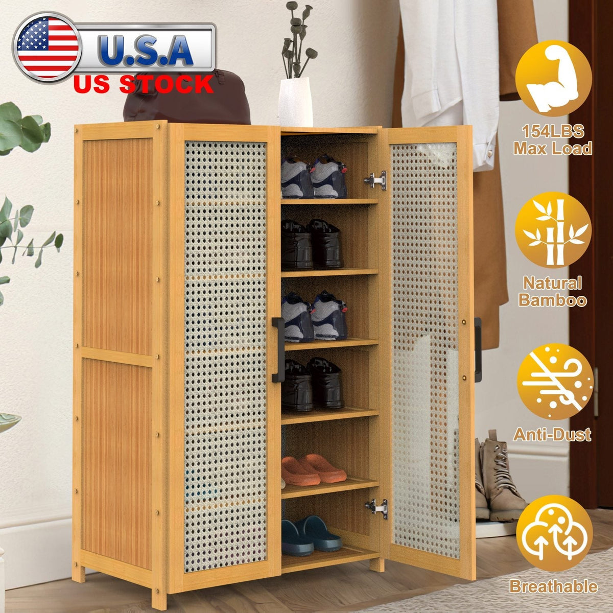 6-Tier Shoe CabinetÊwith Bamboo Shoe Rack Freestanding Shoe Organizer with 2 Hollow Doors and Handles 154lbs Max Load for Closet Hallway Living Room